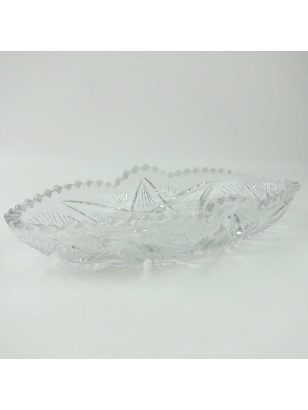 Vintage Clear Cut Glass Oval Dish Serving Bowl Pinwheel Motifs 11x5" Circa 1940s